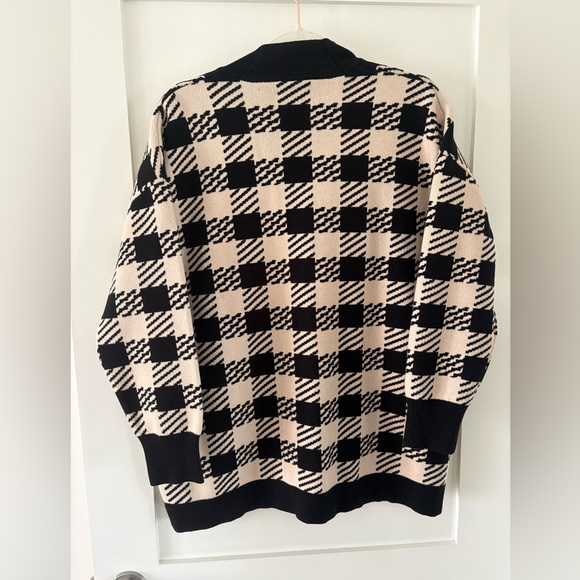 Sandro Checkered Knit Cardigan oversized Black Cream Gold Button V‑neck - Picture 2 of 7